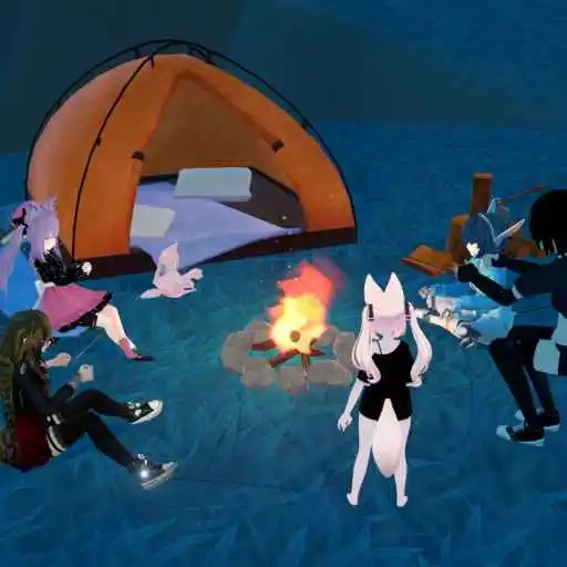 An image of me and some others sitting in front of a tent, taken in VRChat