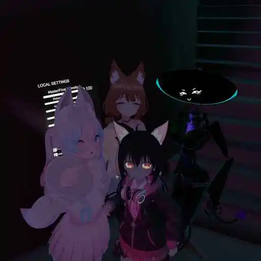 An image of me and other TA staff looking at the camera with one of us pointing at it, taken in VRChat