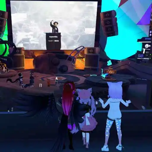 An image of me and my friends in front of a large screen, taken in VRChat