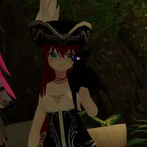 Me in a Pirate Rindo Avatar playing VRChat, with a friend sitting on my shoulder like a parrot.