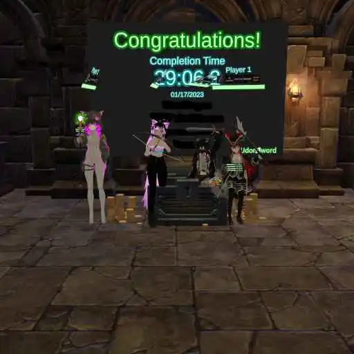An image of me and some others in front of a timer that reached 00:29:06, taken in VRChat