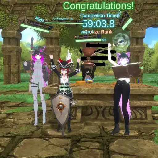 An image of me and some others in front of a timer that reached 00:59:03, taken in VRChat
